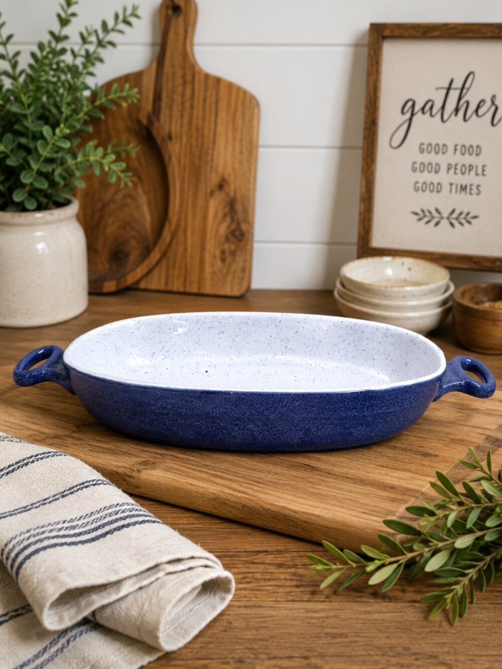 Large Blue Speckled Stoneware Oval Baker Serving Dish Casserole Handles 16.25"